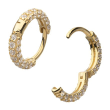 Load image into Gallery viewer, 14Kt Yellow Gold 3 Row Pave Set Gem Hinged Hoop Huggie Earring (18G, 8mm)