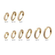 Load image into Gallery viewer, 14Kt Yellow Gold 3 Row Pave Set Gem Hinged Hoop Huggie Earring (18G, 8mm)
