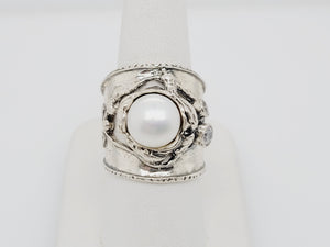 Sterling Silver, Pearl, and CZ Vine Ring