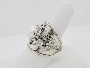 Sterling Silver, Pearl, and CZ Vine Ring