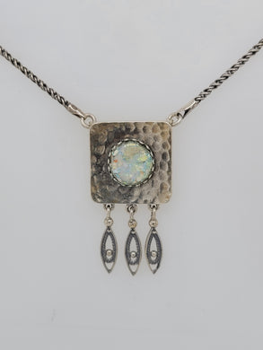 Square Sterling Silver Roman Glass Dangles Necklace