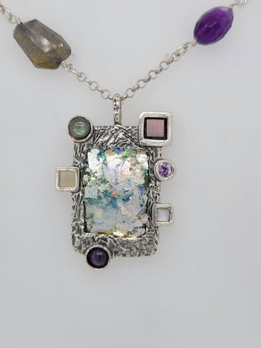 Sterling Silver Roman Glass, Labradorite, Amethyst and Crystal Necklace