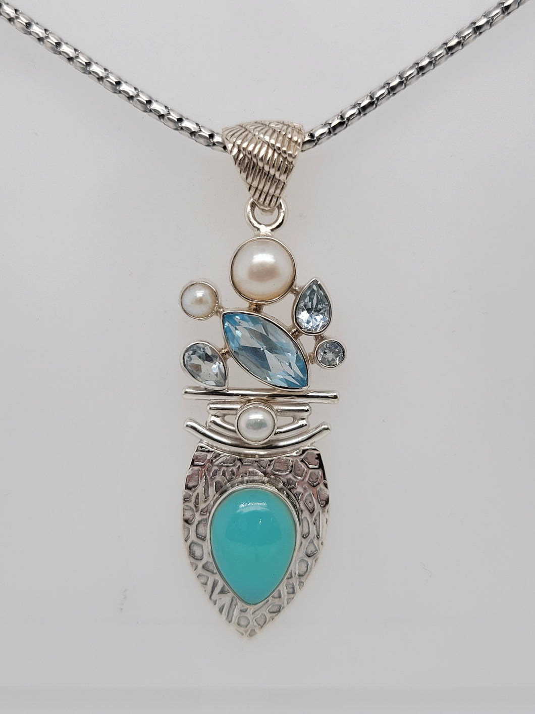 Sterling Silver Pearl, B Topaz, and Chalcedony Necklace