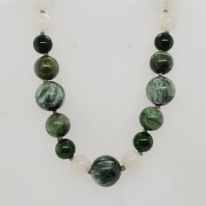 14KW 24" Moonstone, Seraphinite, Nephrite, and Emerald Bead Necklace