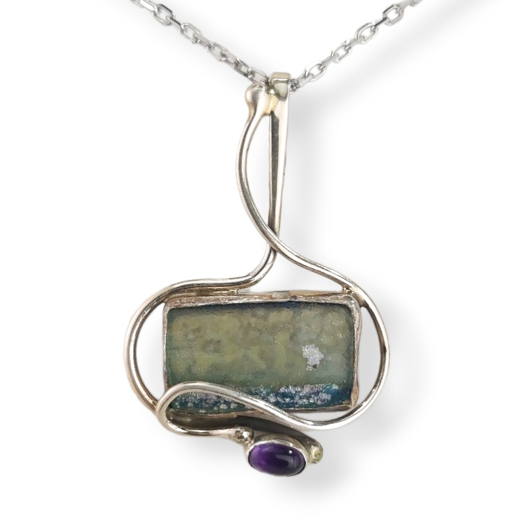 Sterling and Square Roman Glass with Amethyst Necklace