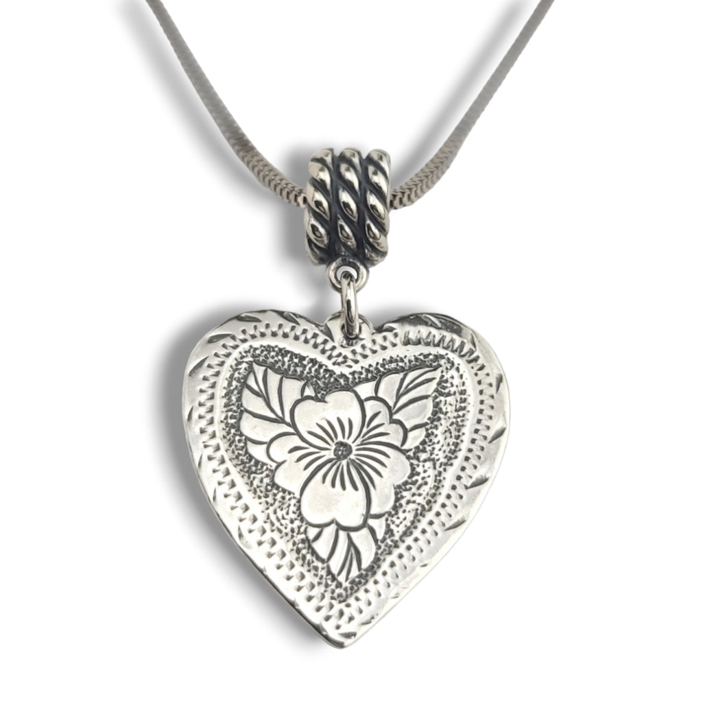 Estate Sterling Heart with Flower Pendant