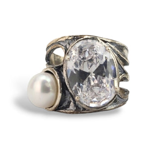 Sterling Pearl and Oval CZ Ring