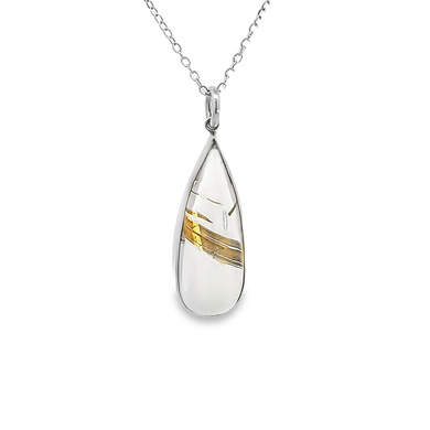 Gold Rutilated Clear Quartz Teardrop and Sterling Silver Pendant