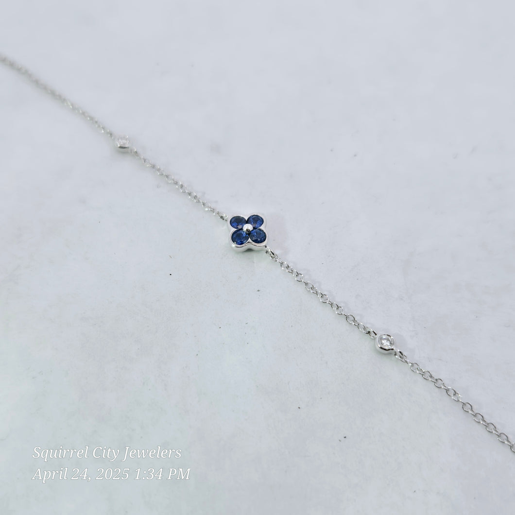14k White Gold Diamond and Sapphire Flower Bracelet