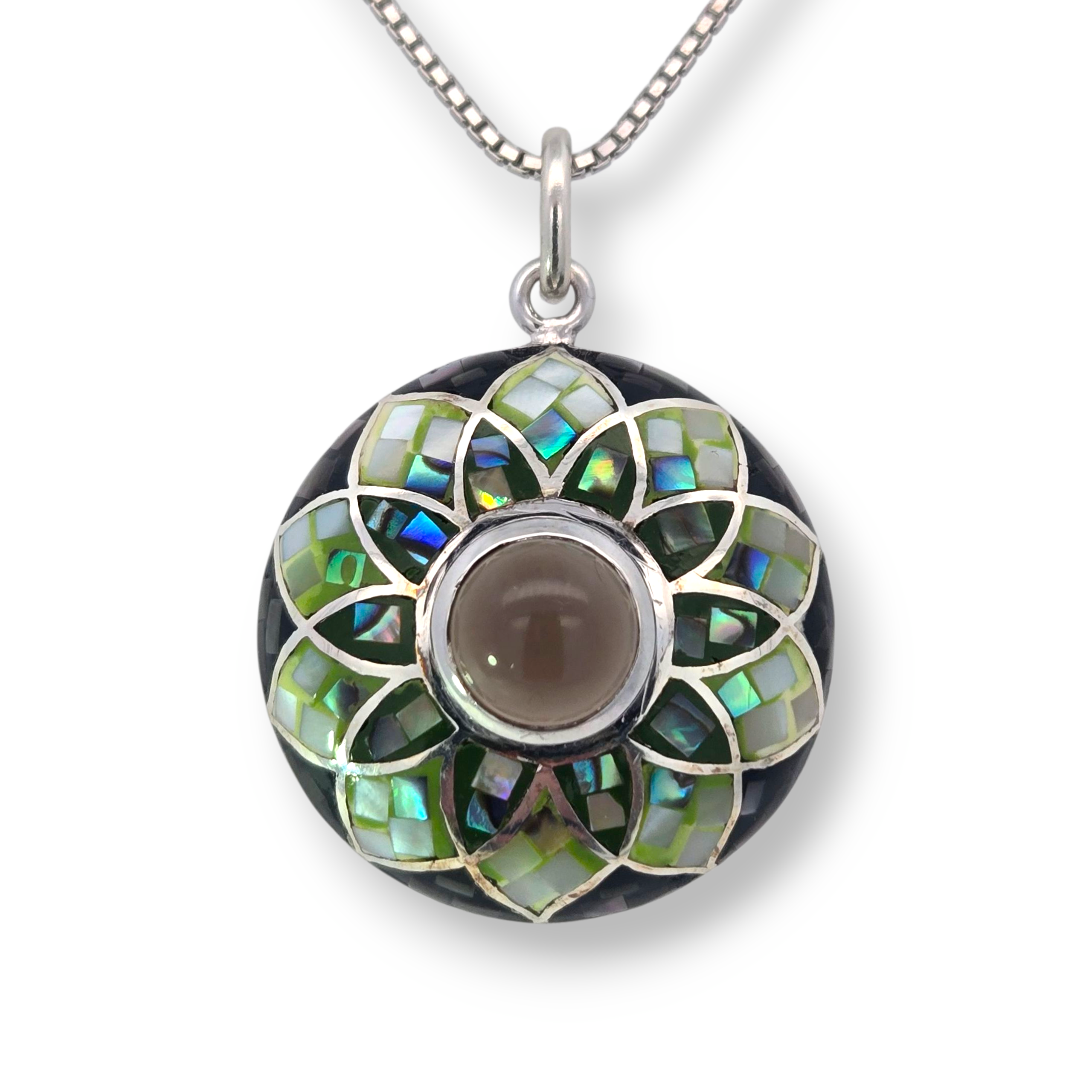 Sterling Silver Smoky Quartz and Mosaic Round Pendant
