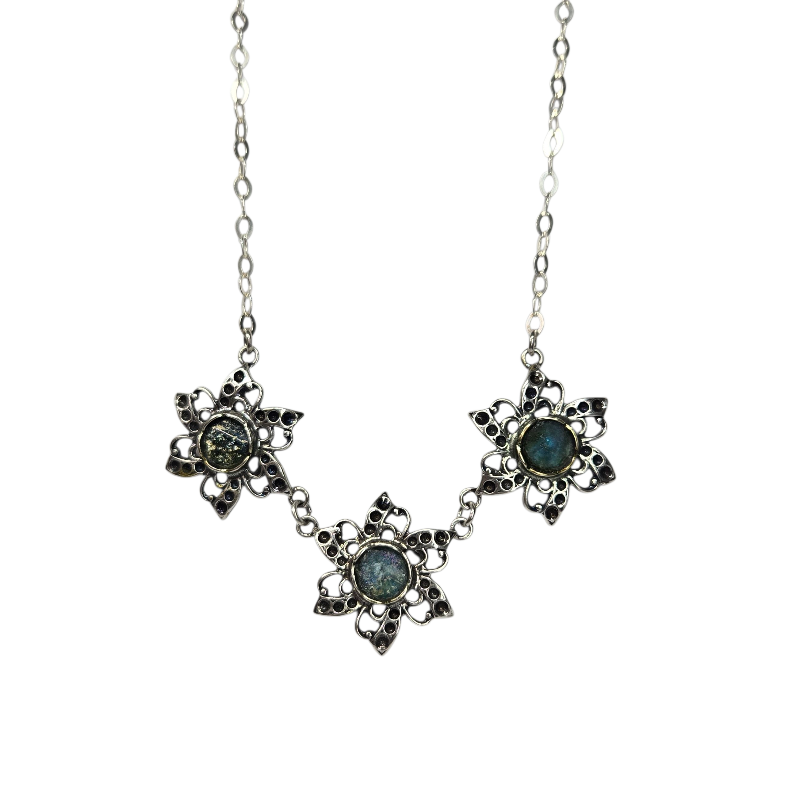 Sterling Triple Flower Necklace with Ancient Roman Glass
