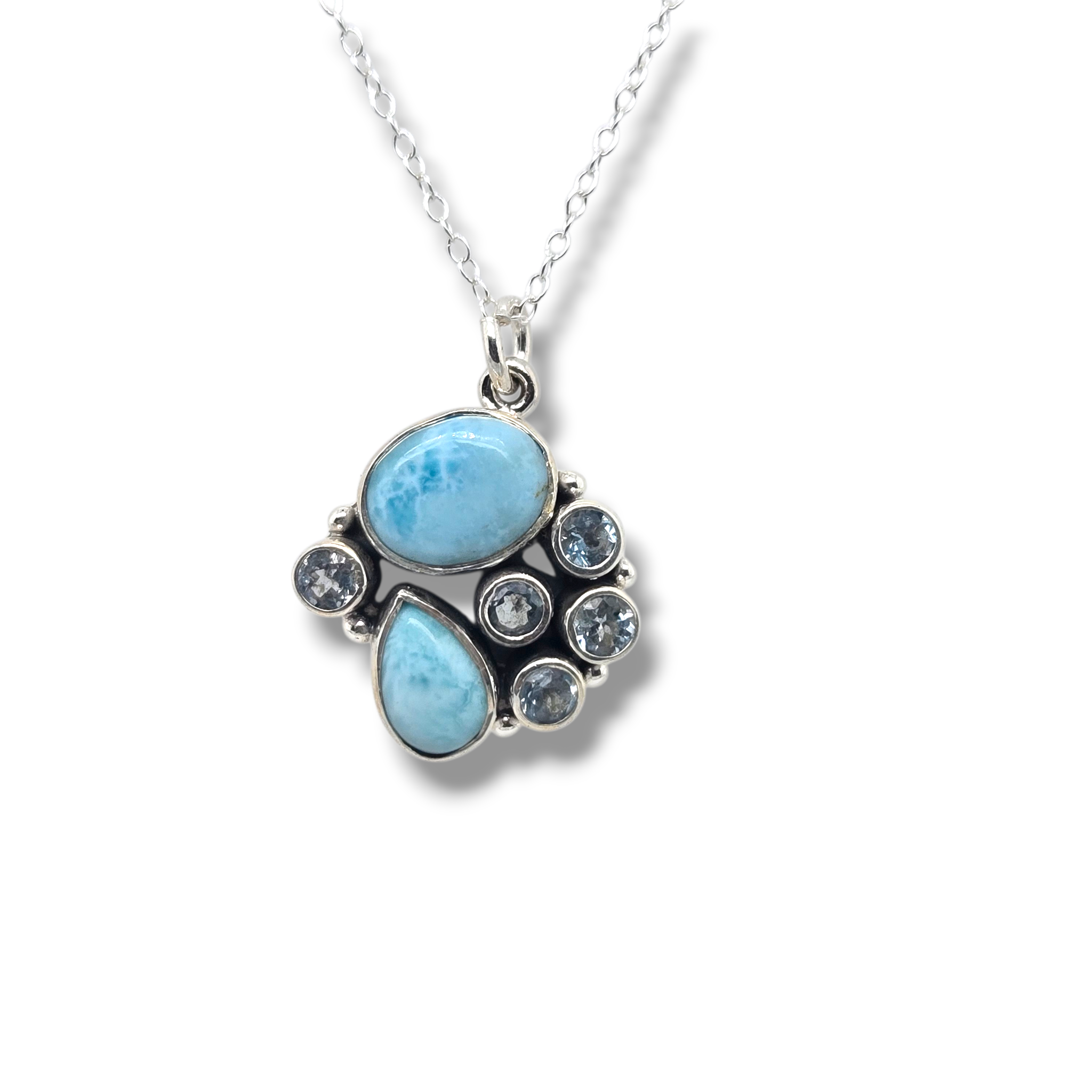 Sterling Silver Larimar and Blue Topaz Cluster Necklace