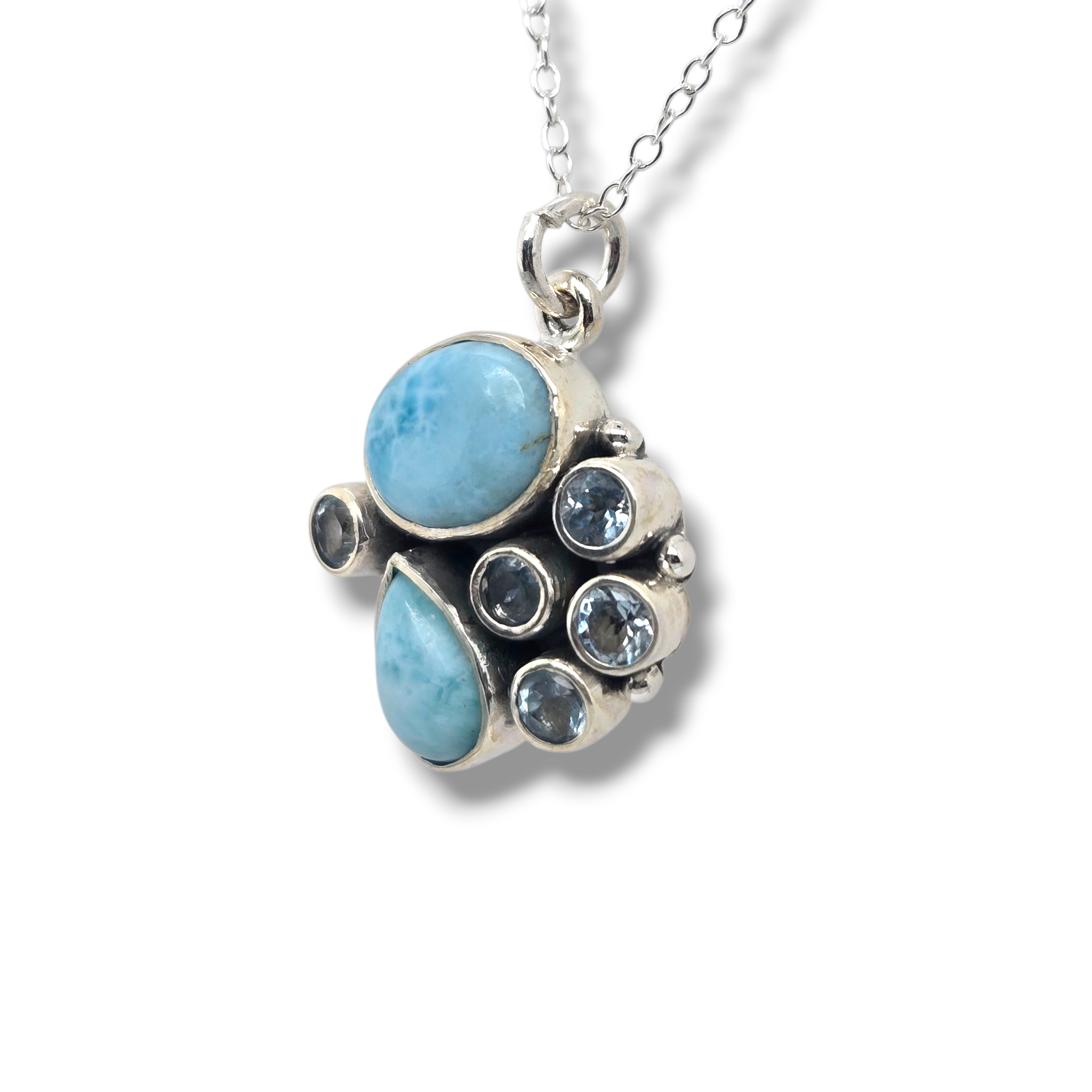 Sterling Silver Larimar and Blue Topaz Cluster Necklace