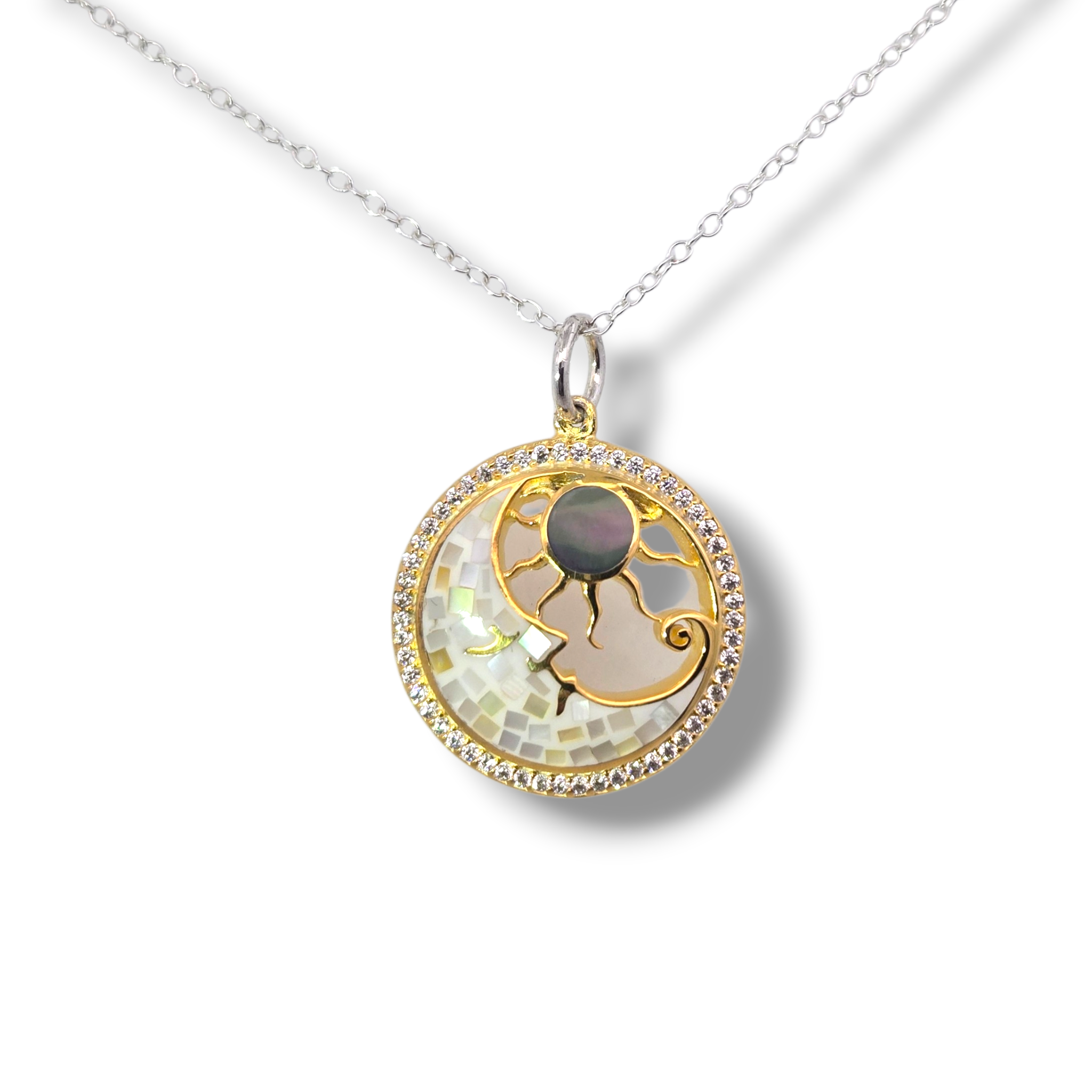 Gold Plated Silver Mother of Pearl Mosaic Sun/Moon Pendant
