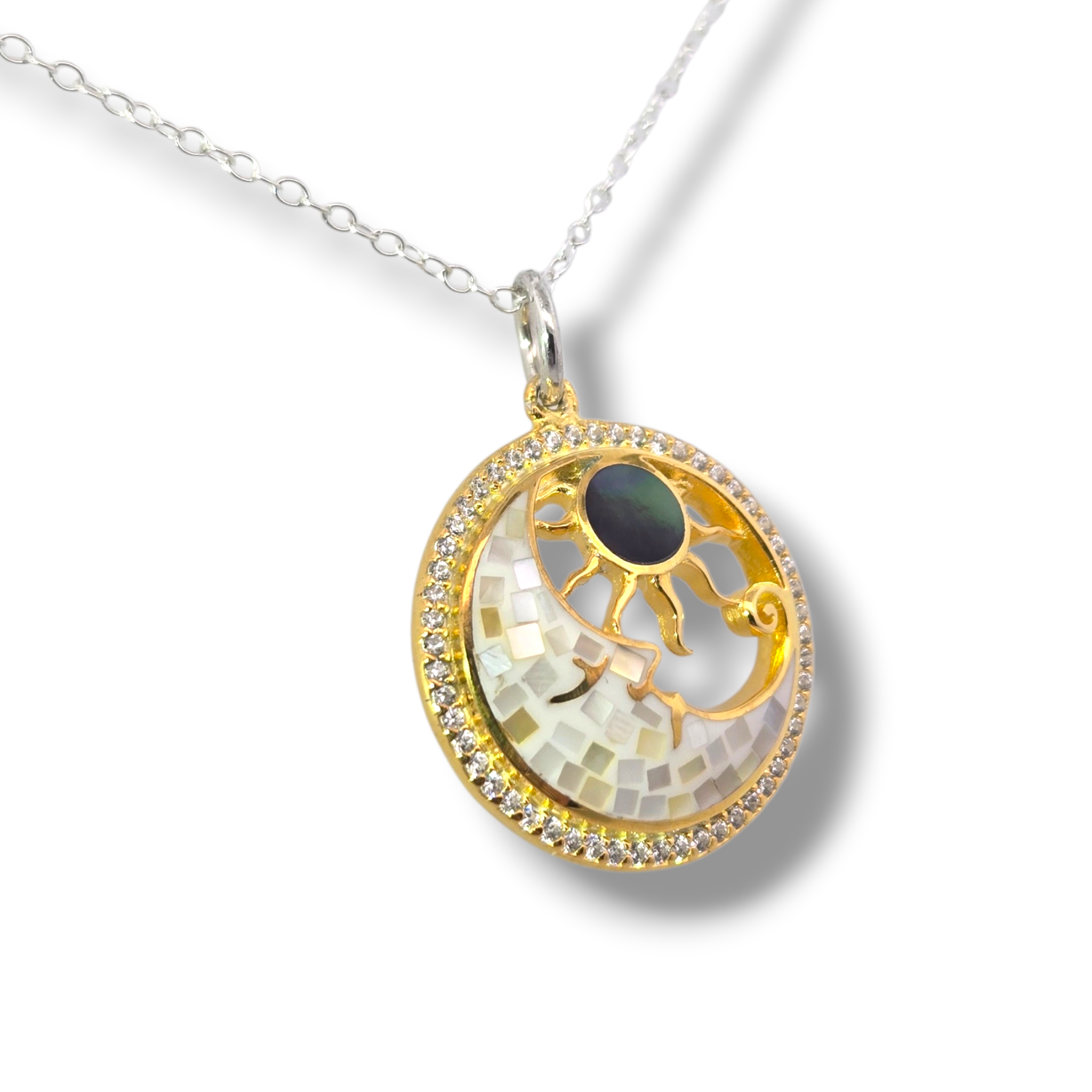 Gold Plated Silver Mother of Pearl Mosaic Sun/Moon Pendant