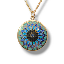 Load image into Gallery viewer, Gold Plated mosaic round blue and white flower with blue topaz necklace