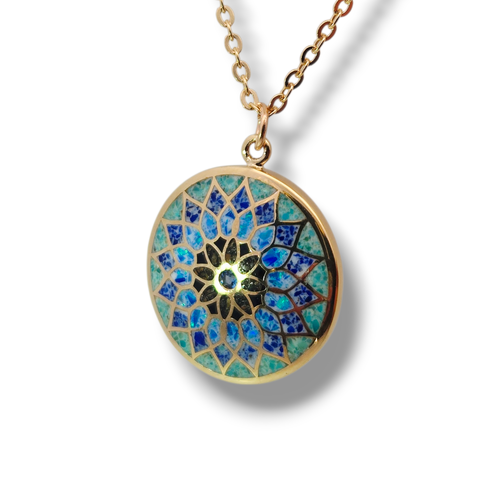 Gold Plated mosaic round blue and white flower with blue topaz necklace