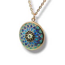 Load image into Gallery viewer, Gold Plated mosaic round blue and white flower with blue topaz necklace