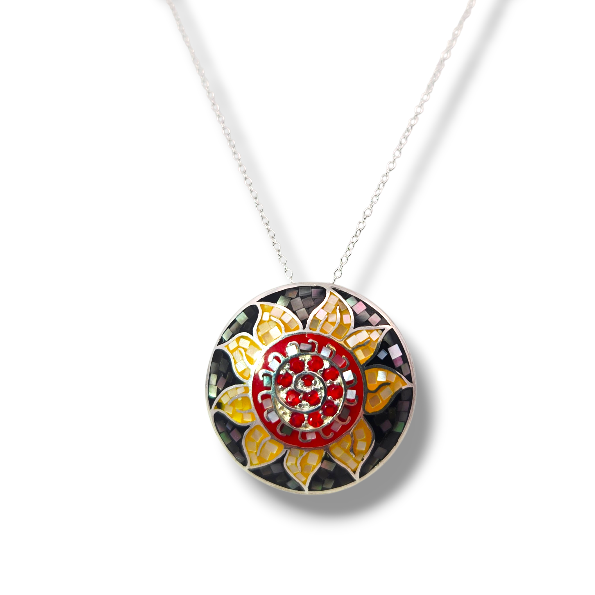 Sterling silver big round red, gold, green flower necklace