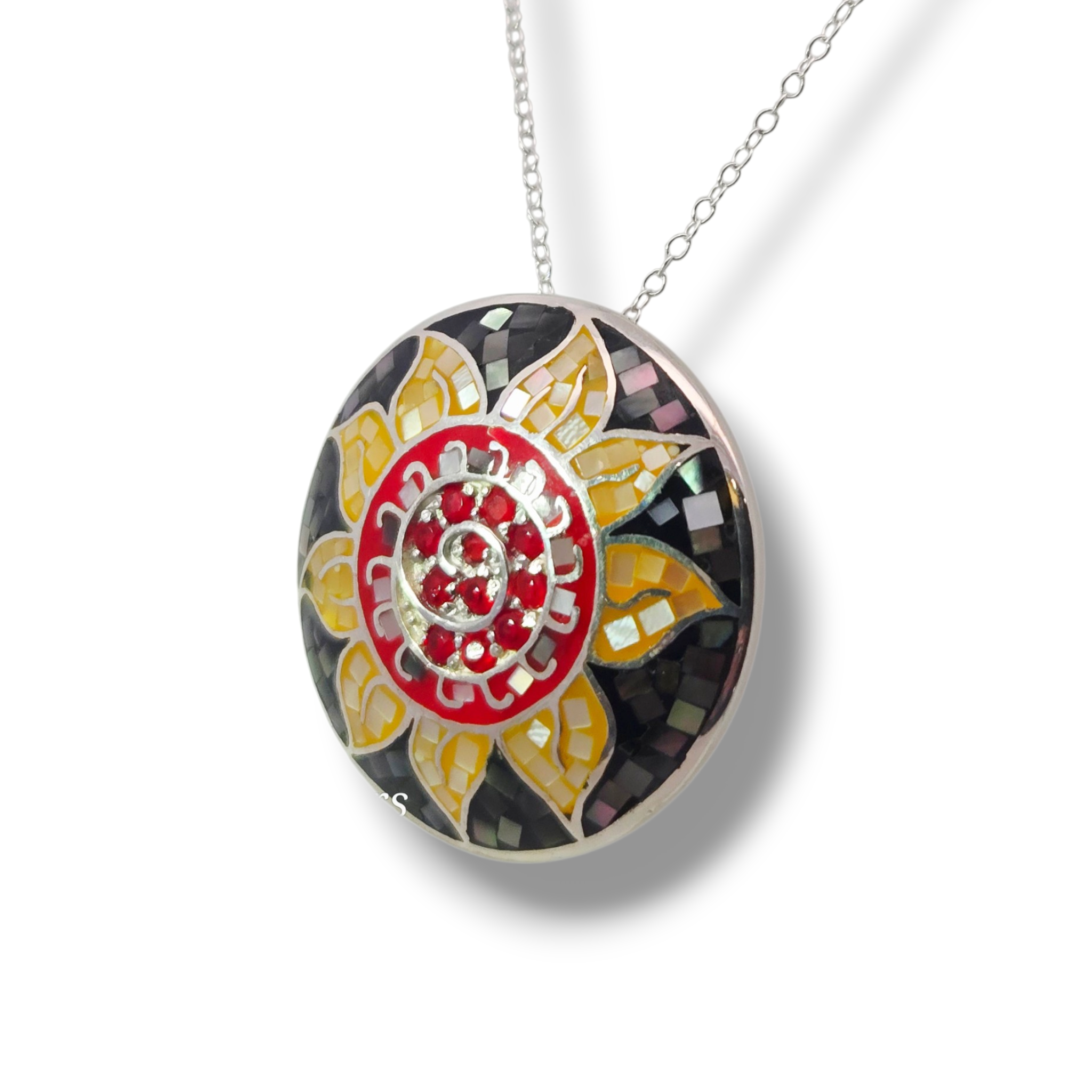 Sterling silver big round red, gold, green flower necklace