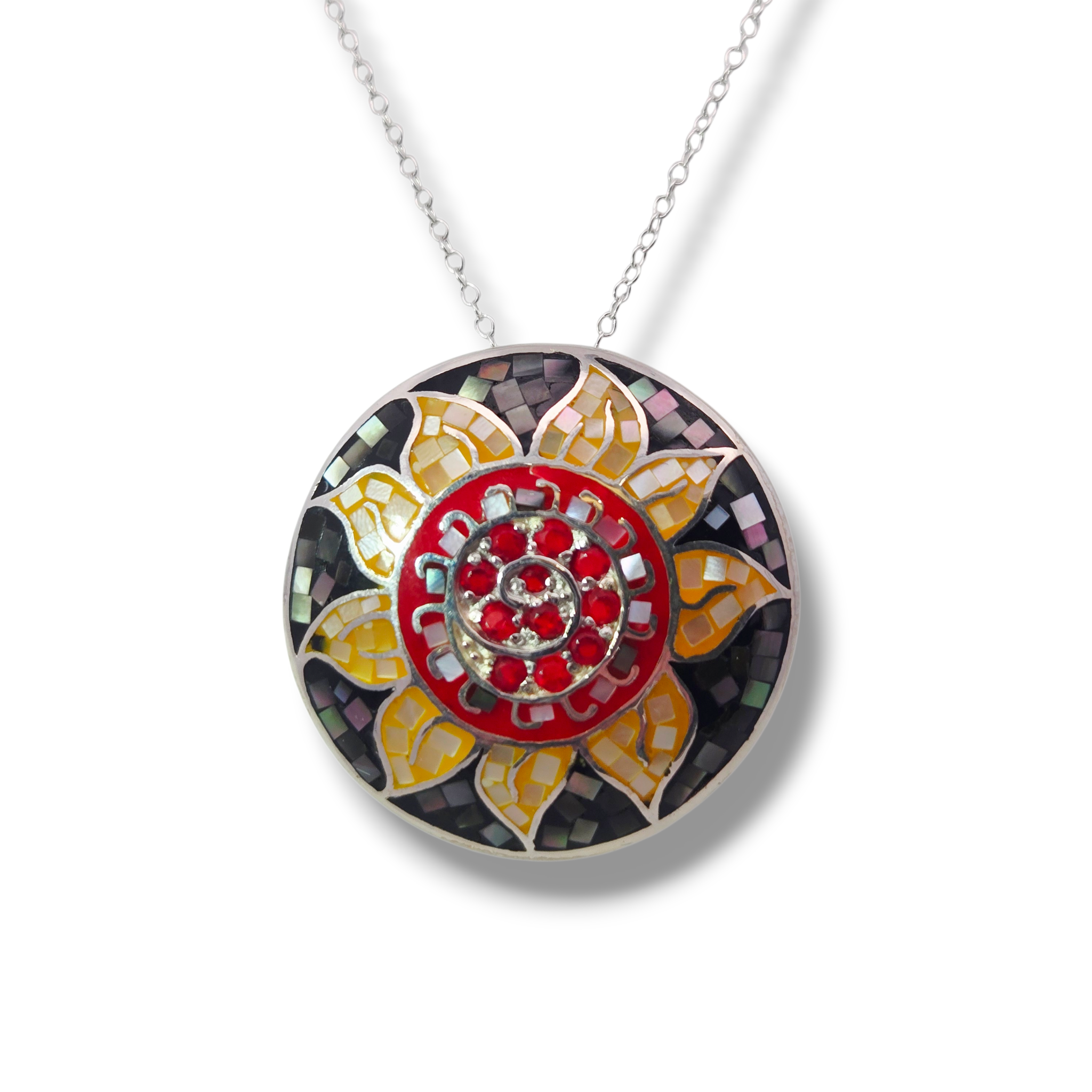 Sterling silver big round red, gold, green flower necklace