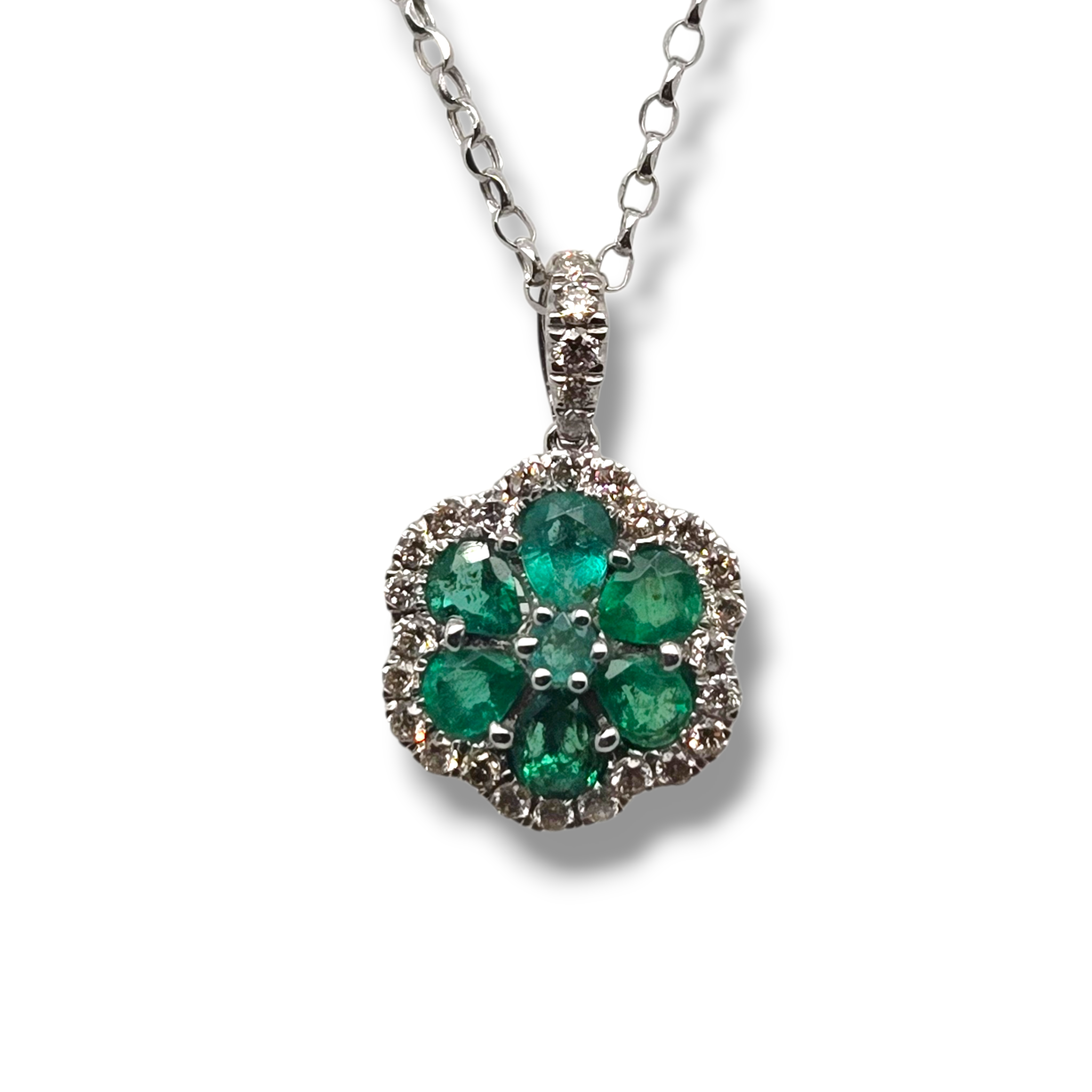 14k White Gold Emerald Flower Diamond Necklace