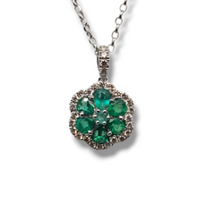 Load image into Gallery viewer, 14k White Gold Emerald Flower Diamond Necklace