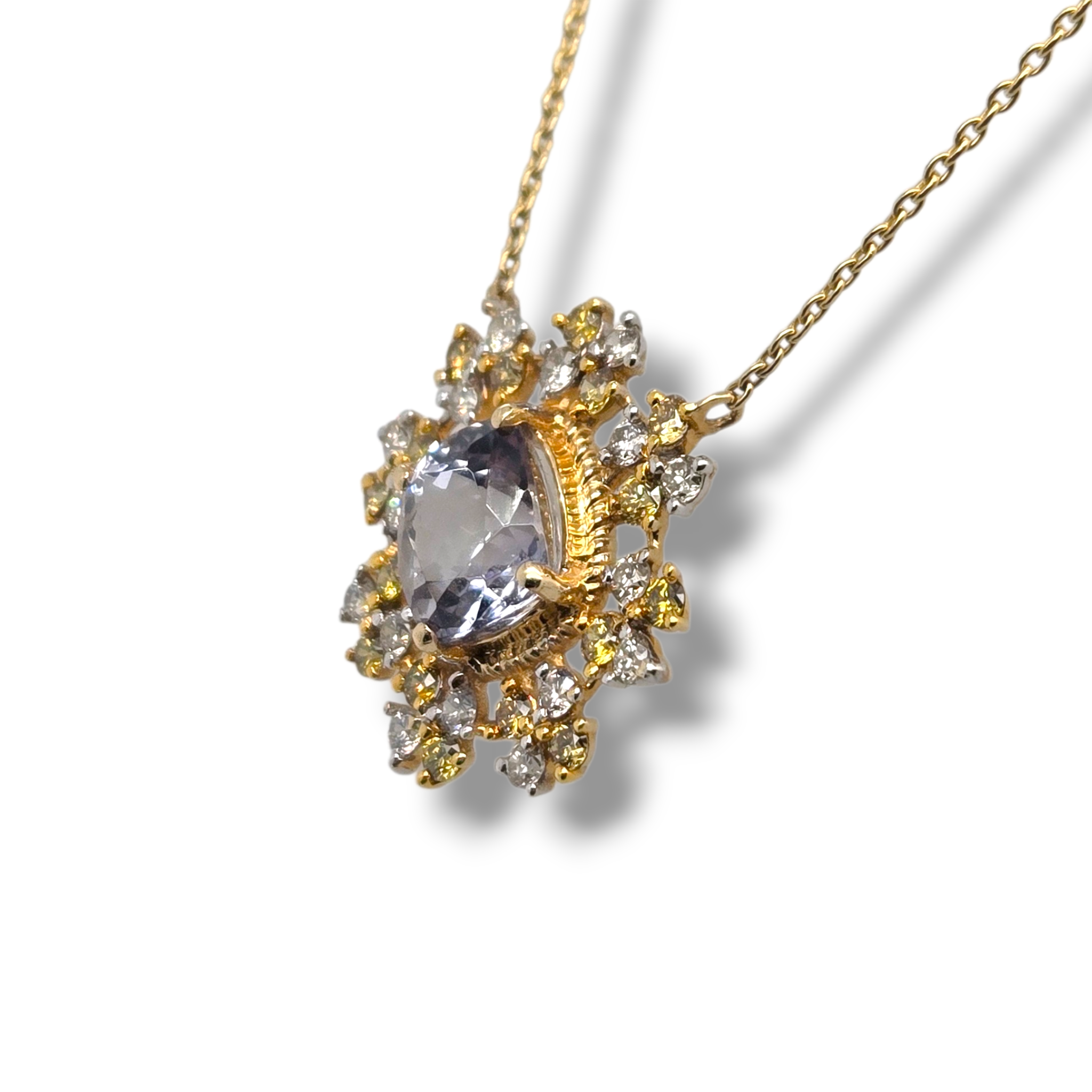 14k Yellow Checkered Cushion Tanzanite Diamond Necklace