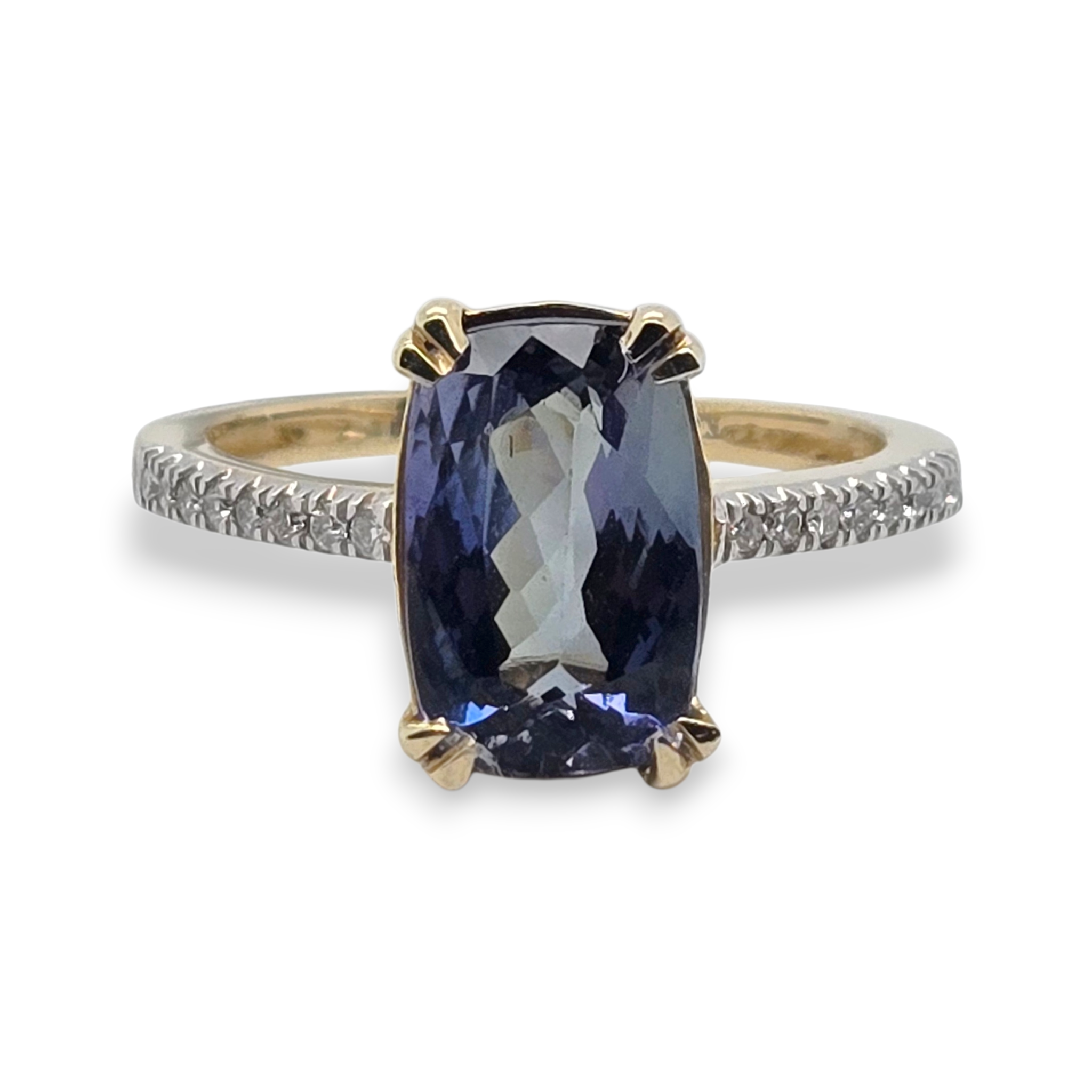 14k Yellow Bi-Color Elongated Cushion Tanzanite Diamond Ring