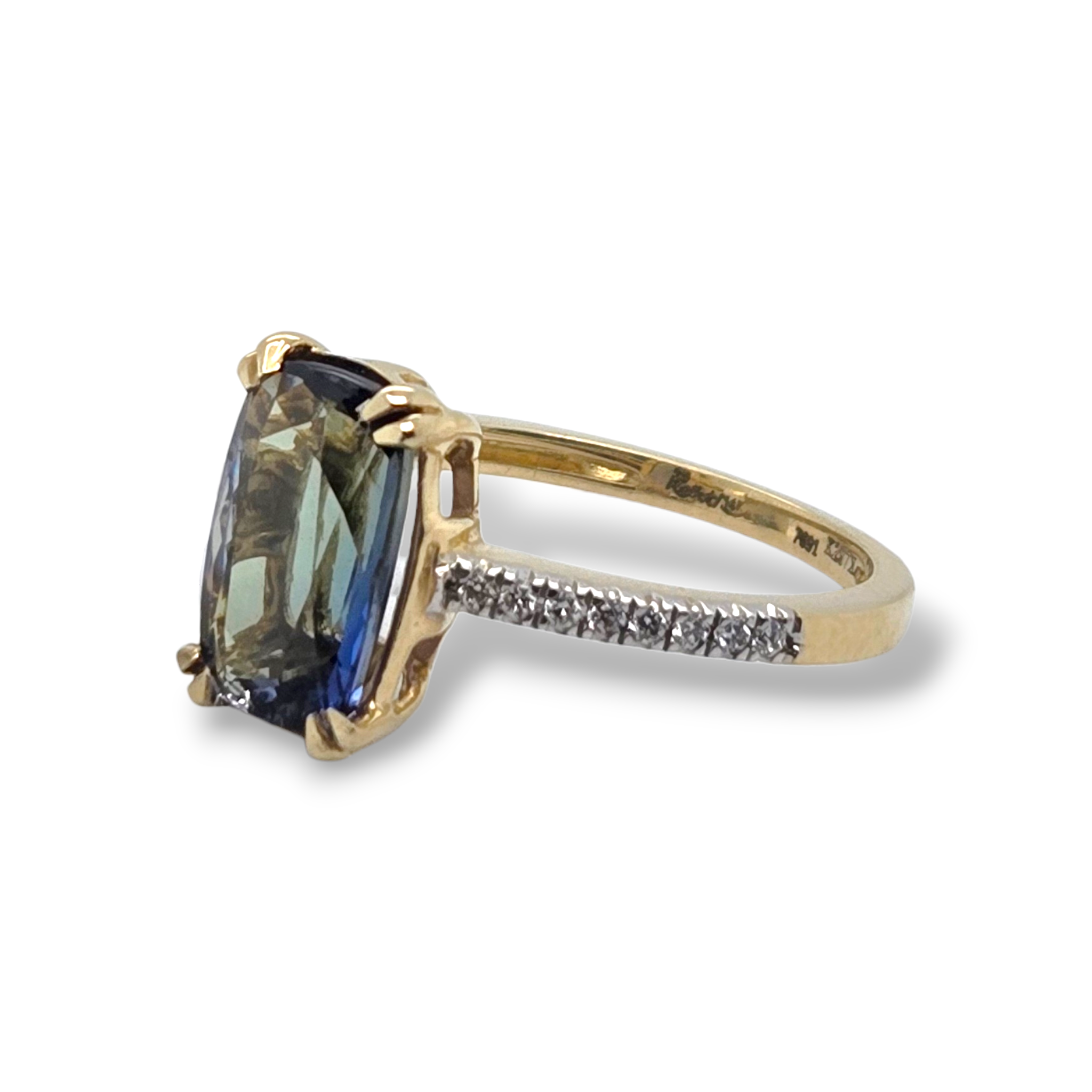14k Yellow Bi-Color Elongated Cushion Tanzanite Diamond Ring