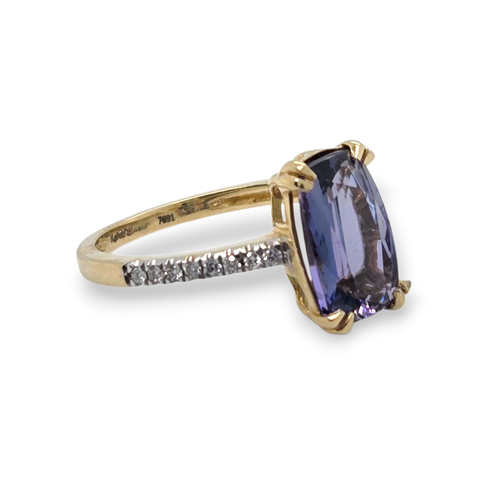 14k Yellow Bi-Color Elongated Cushion Tanzanite Diamond Ring