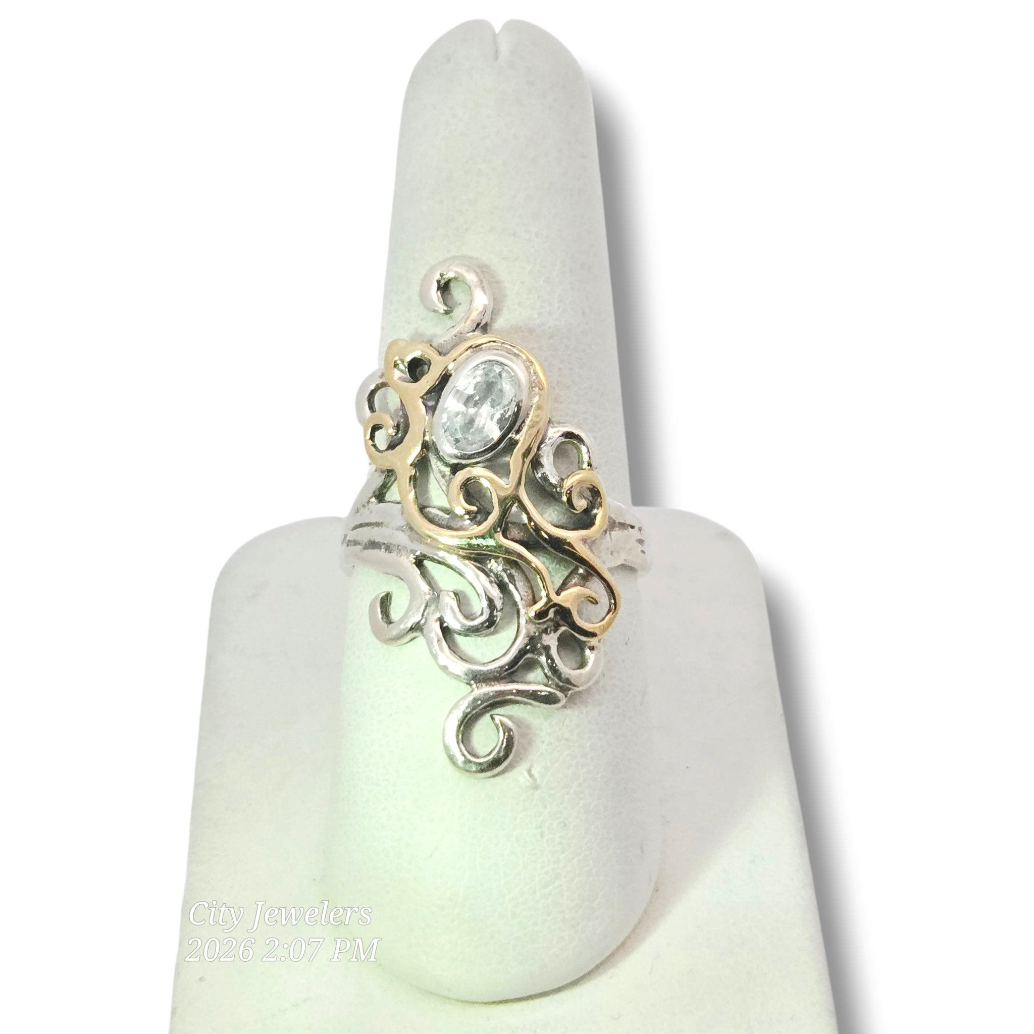 Sterling and 9k Yellow Swirly Ring with CZ