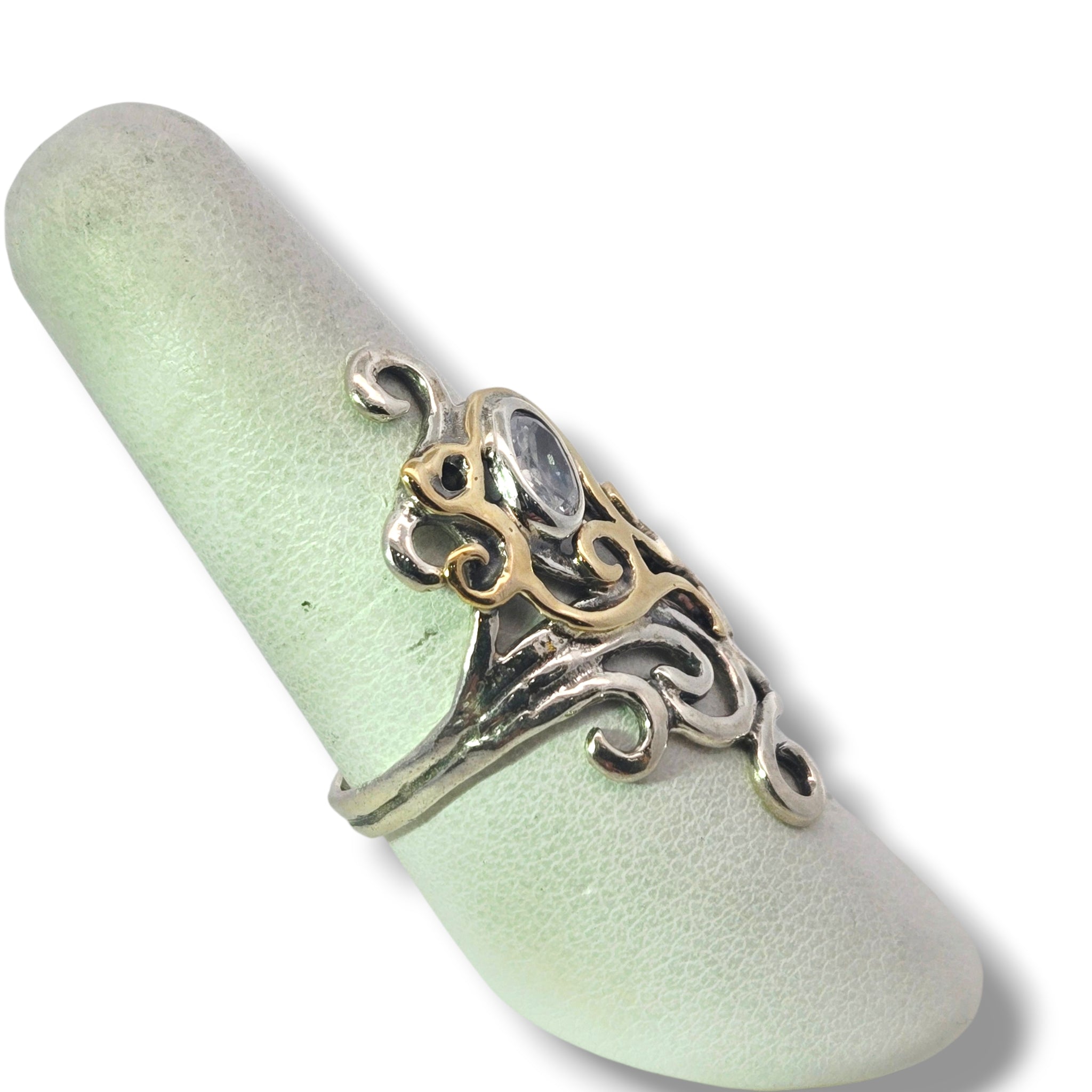 Sterling and 9k Yellow Swirly Ring with CZ