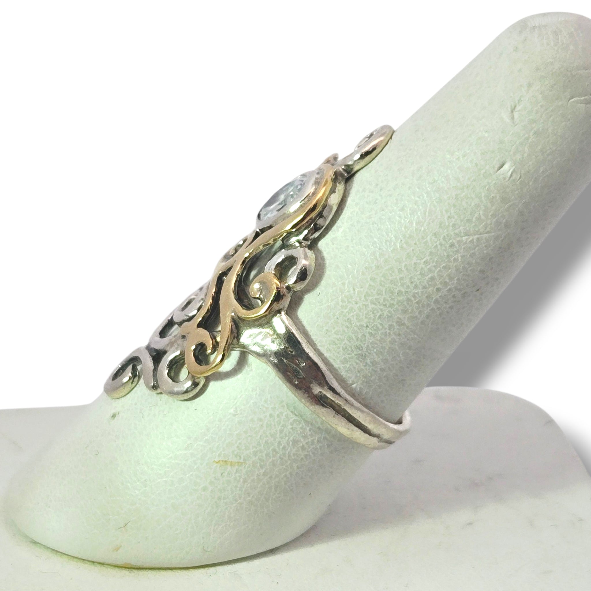 Sterling and 9k Yellow Swirly Ring with CZ
