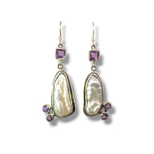 Load image into Gallery viewer, Sterling Silver Long Biwa Pearl and Amethyst Earrings