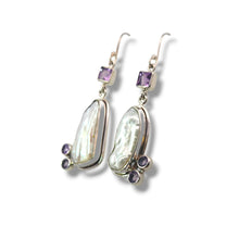 Load image into Gallery viewer, Sterling Silver Long Biwa Pearl and Amethyst Earrings