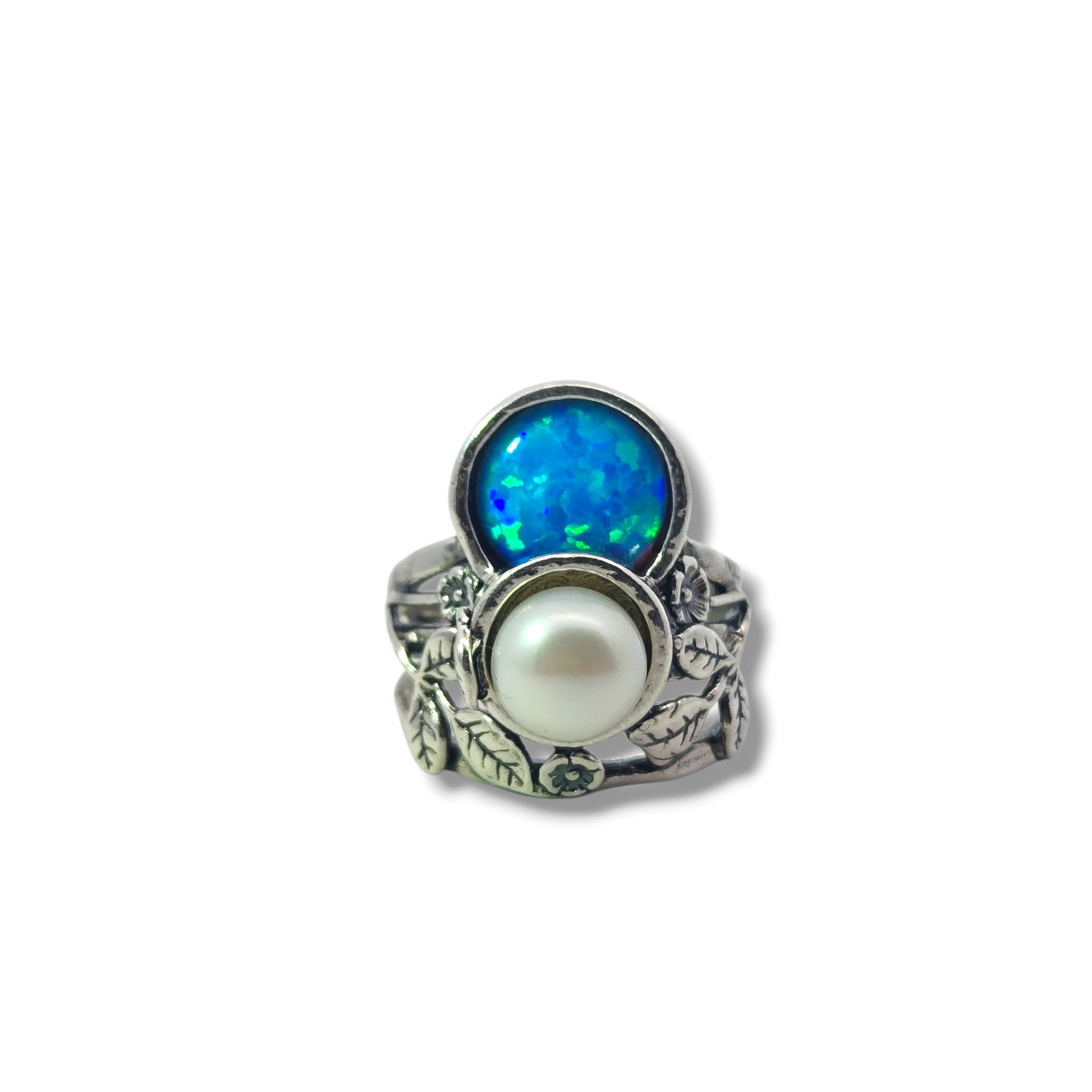 Sterling Floral Pearl + Created Opal Ring