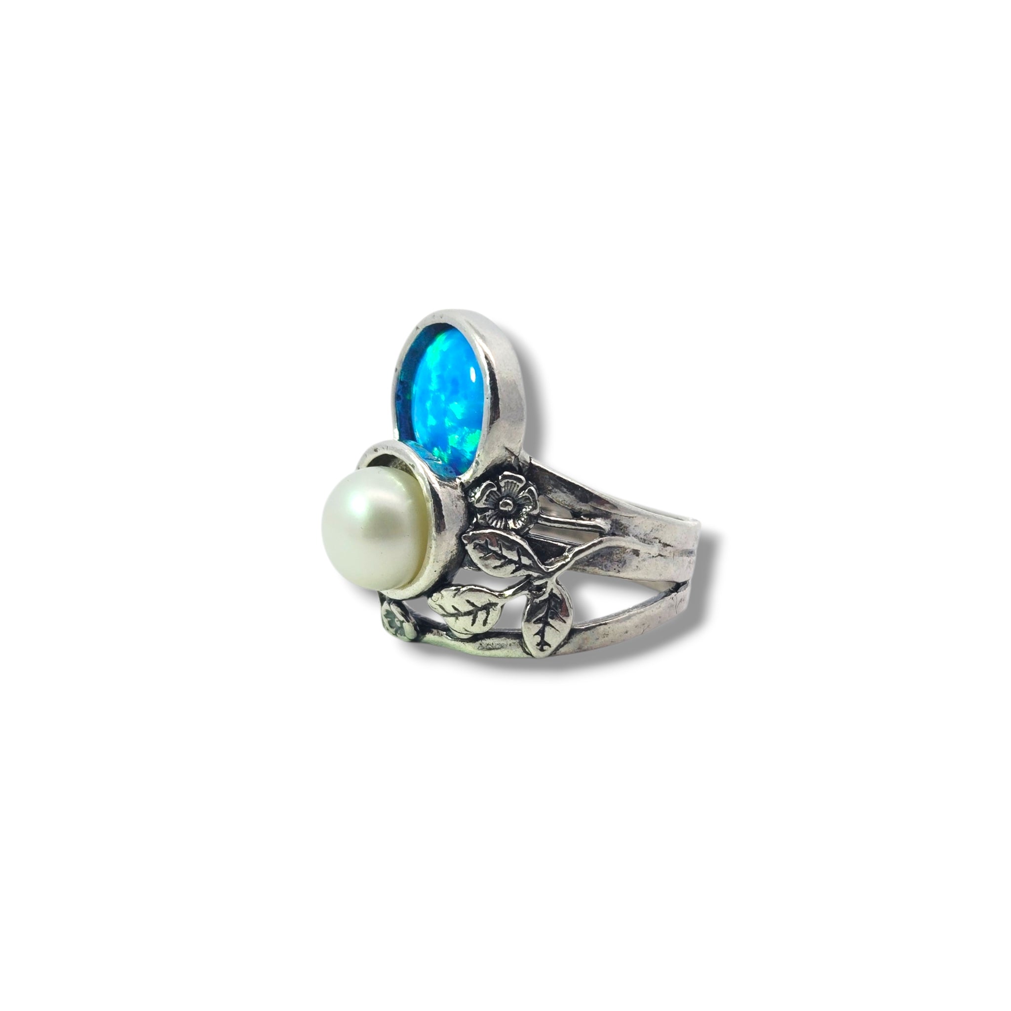 Sterling Floral Pearl + Created Opal Ring