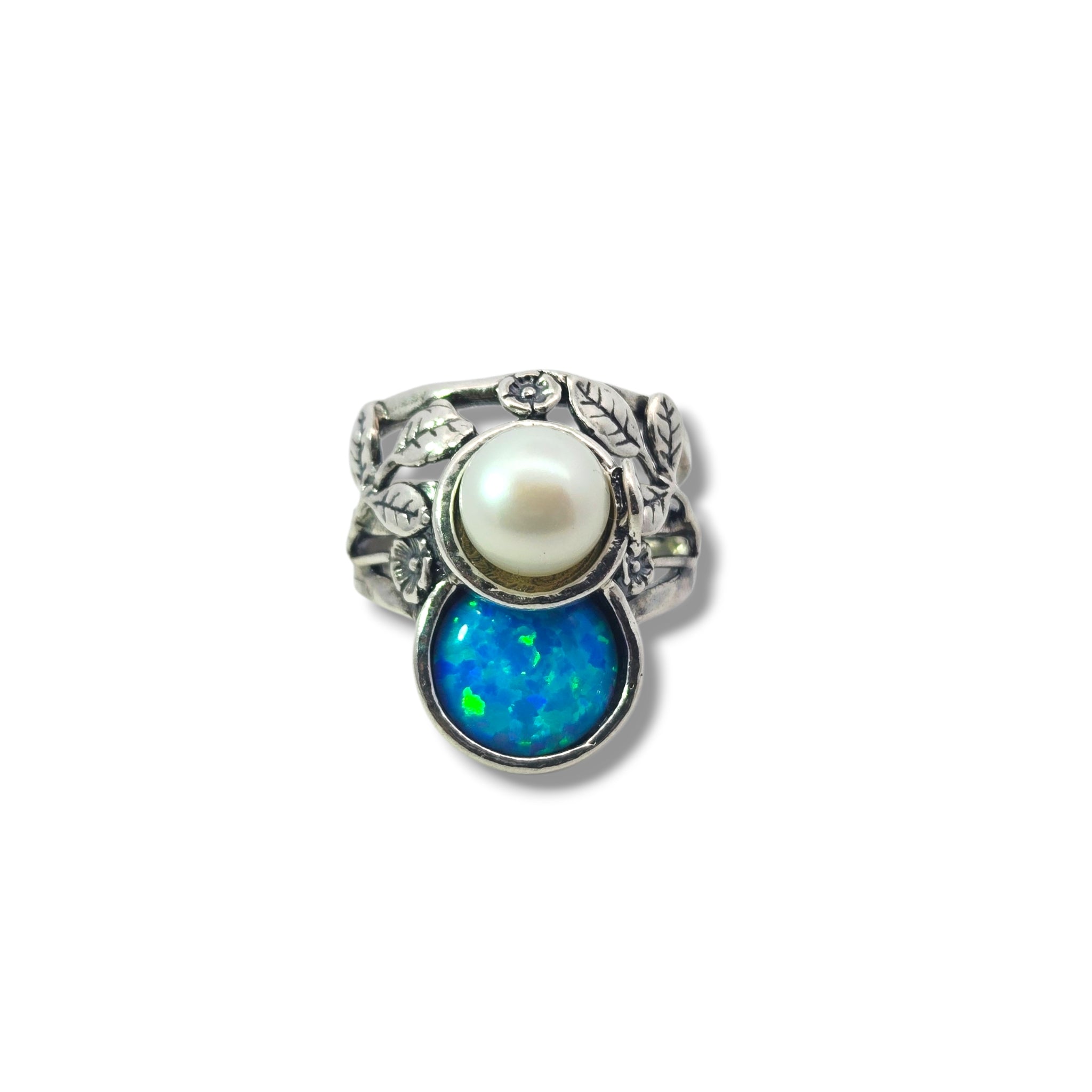 Sterling Floral Pearl + Created Opal Ring