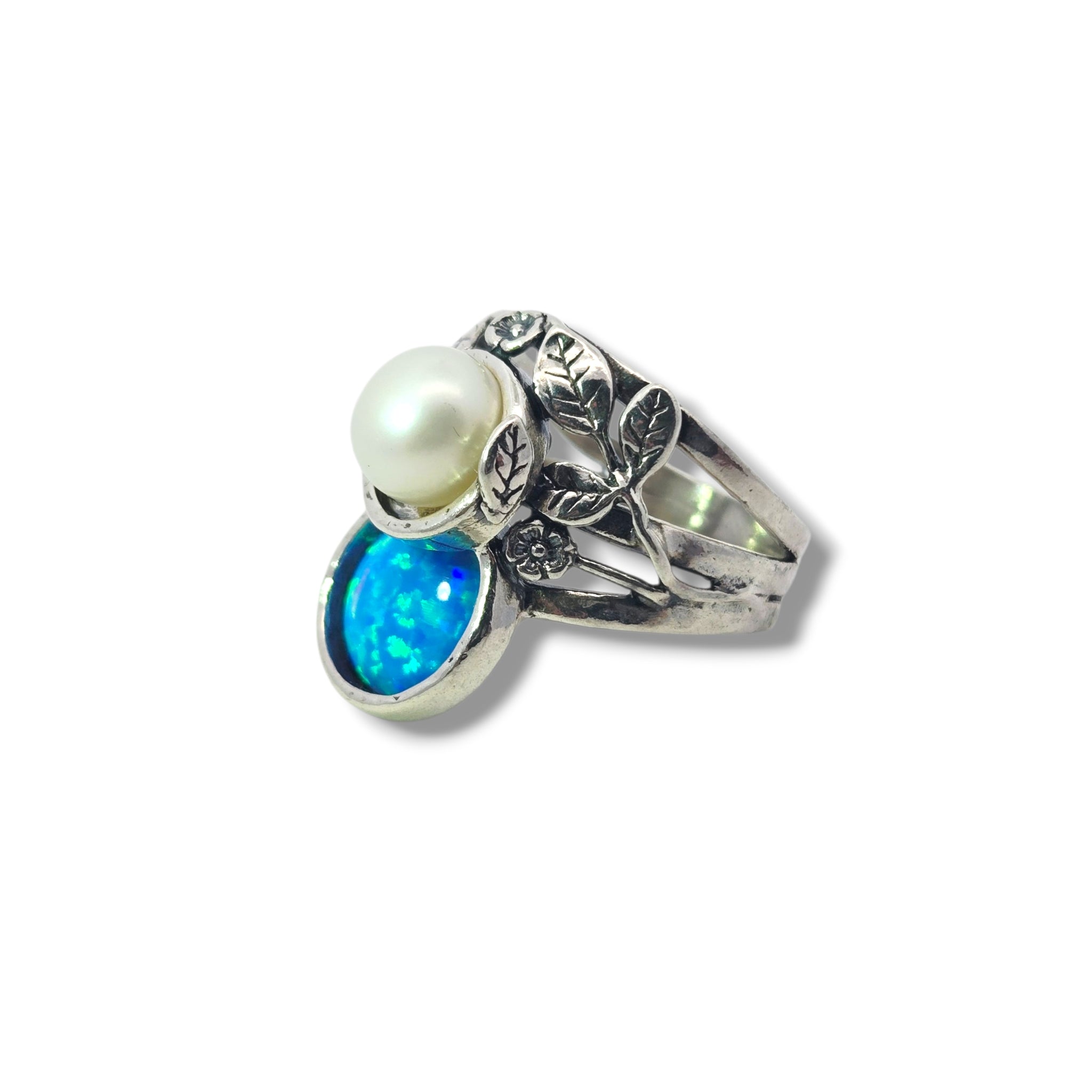 Sterling Floral Pearl + Created Opal Ring