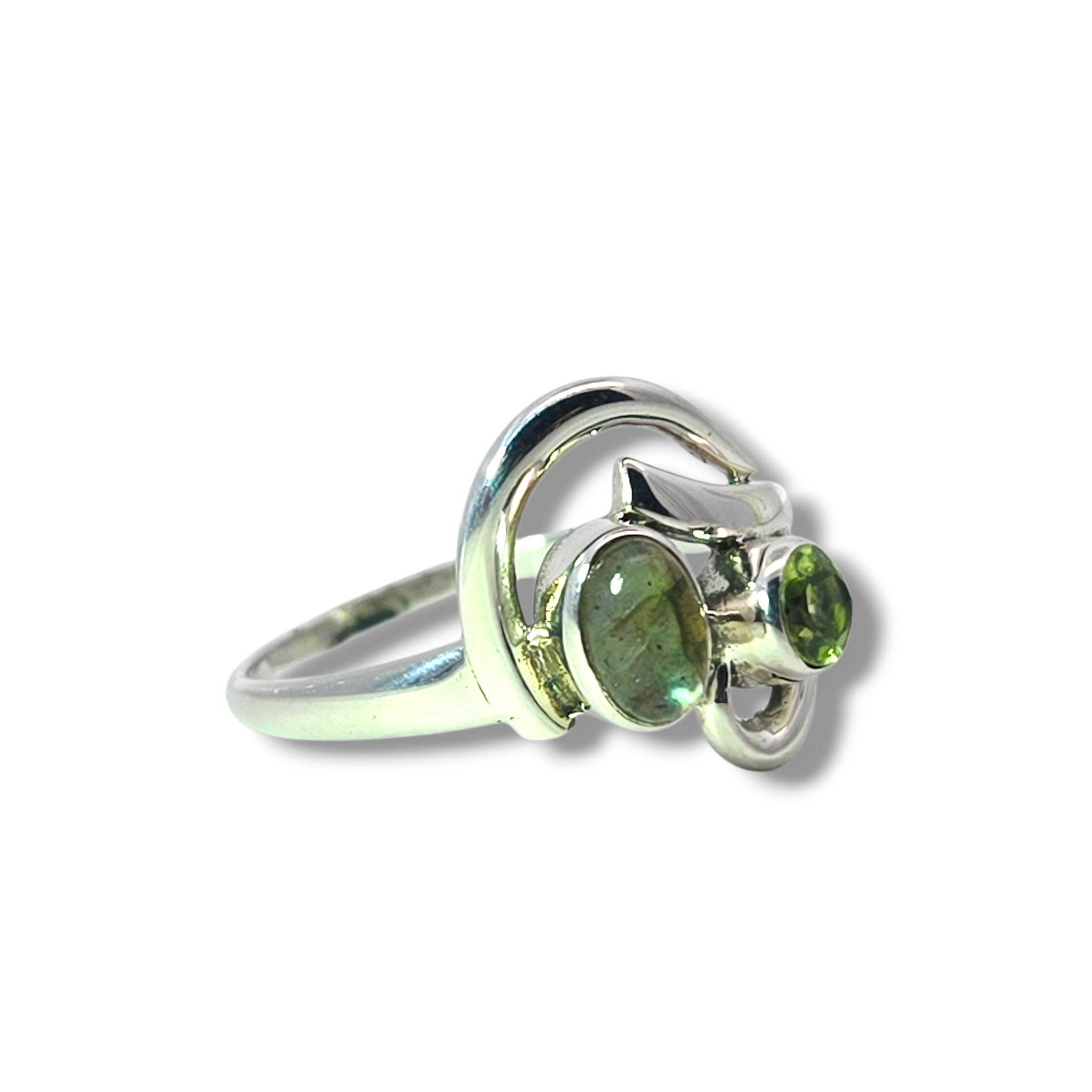 Sterling Labradorite and Peridot Swirl Ring