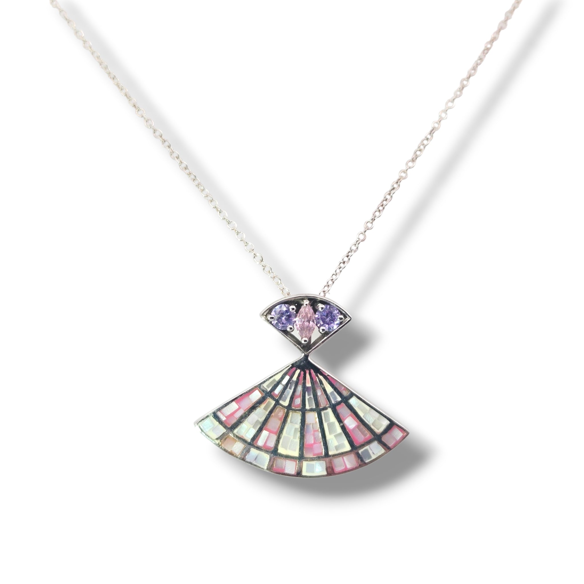 Sterling Mosaic Pink White and Purple Fan Necklace