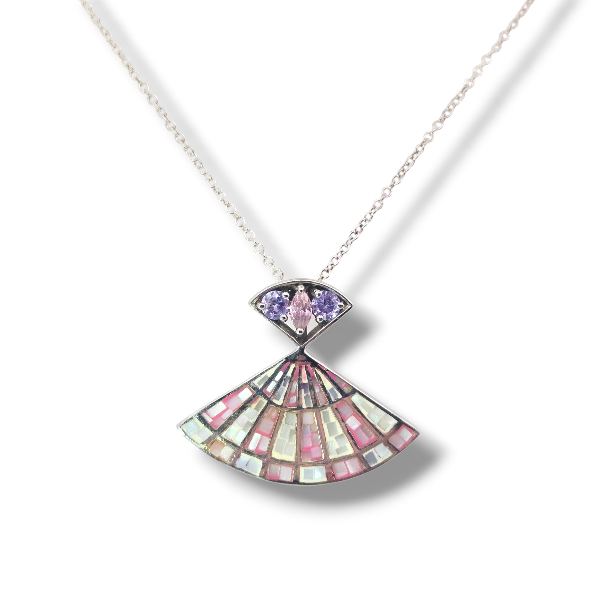 Sterling Mosaic Pink White and Purple Fan Necklace