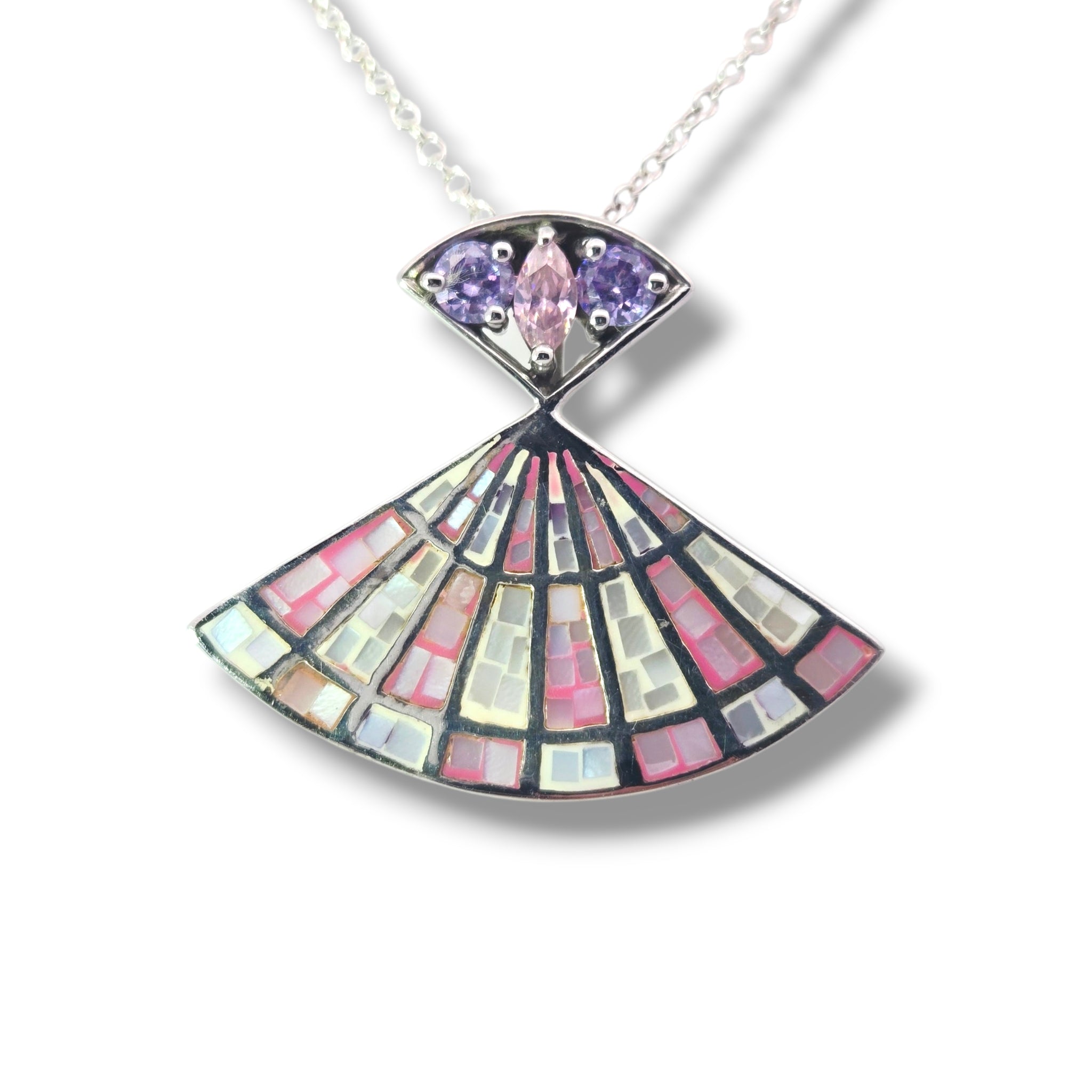 Sterling Mosaic Pink White and Purple Fan Necklace