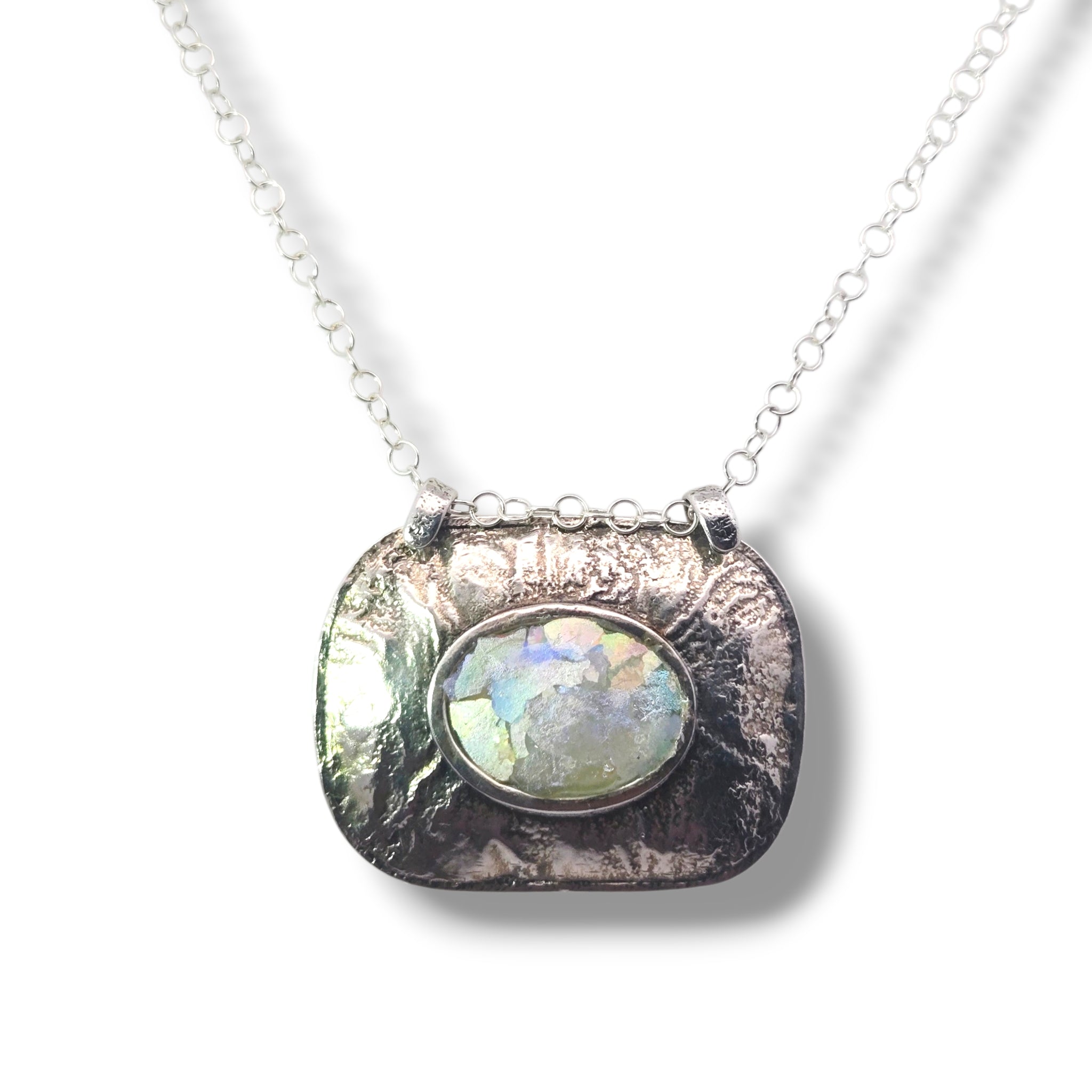 Sterling Necklace - Ancient Roman Glass In Large Textured Bezel
