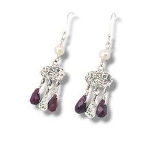 Load image into Gallery viewer, Sterling Pearl and Garnet Dangle Earrings