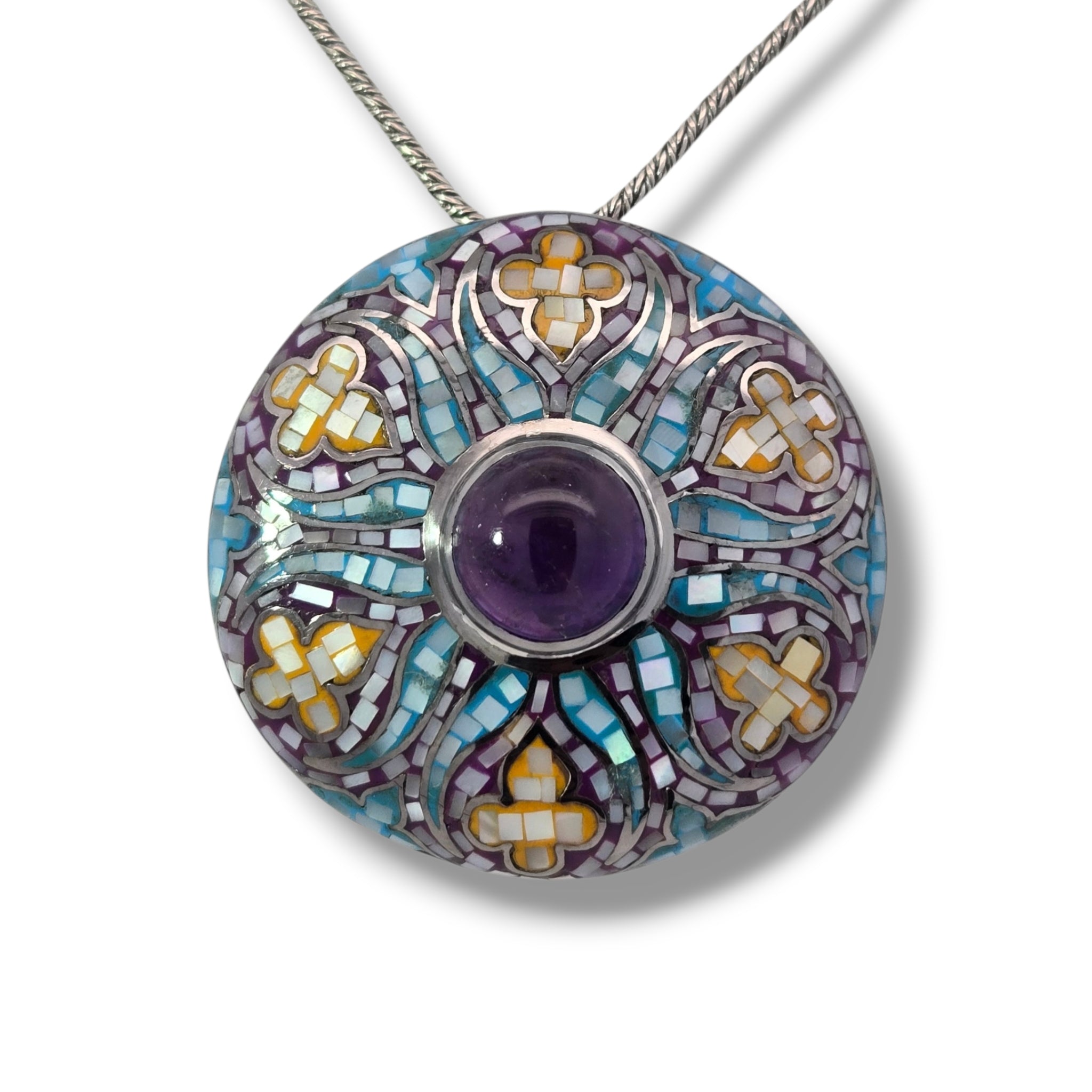 Sterling MOP Mosaic and Amethyst Mandala Necklace