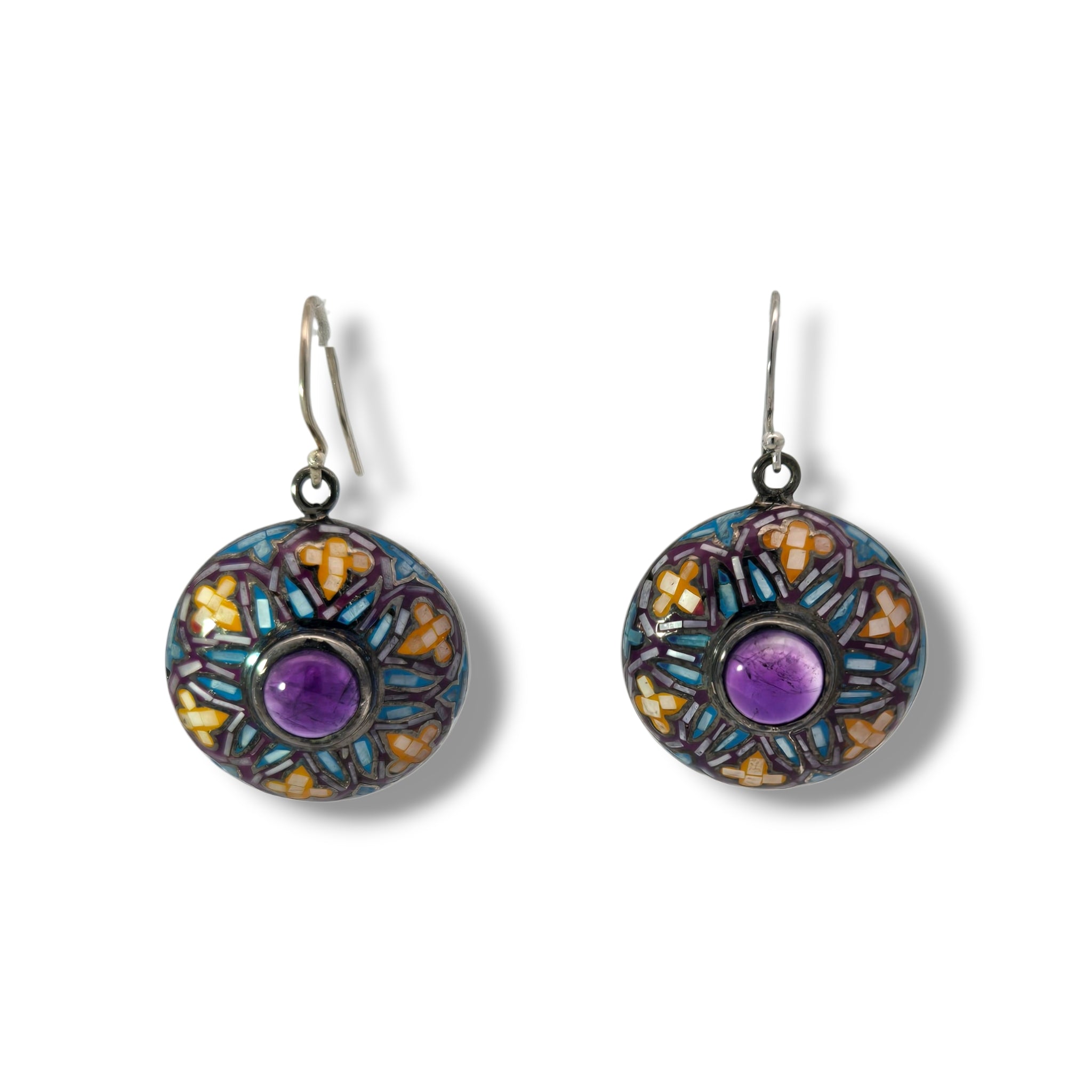 Sterling MOP Mosaic and Amethyst Mandala Earrings