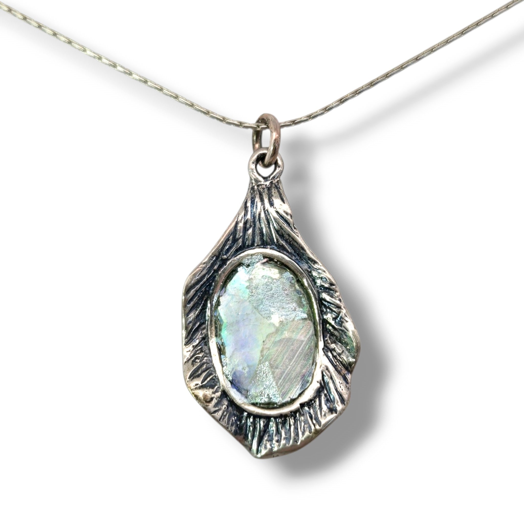 Sterling Oval Wavey Necklace with Ancient Roman Glass