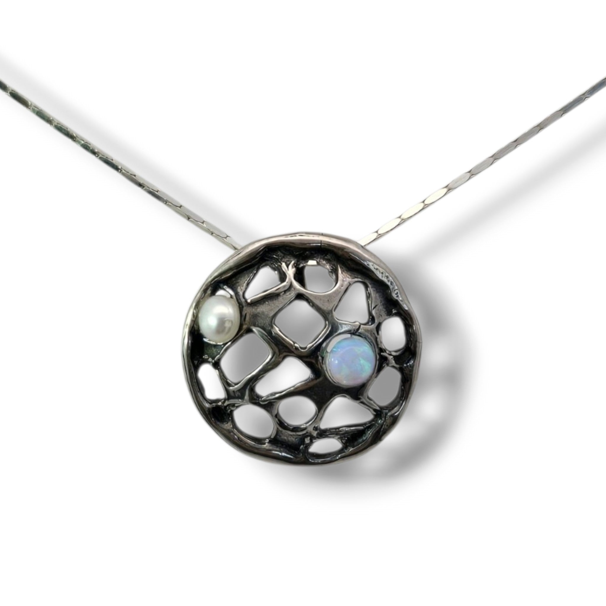 Sterling Petite Web Necklace Pearl and Opal Accents